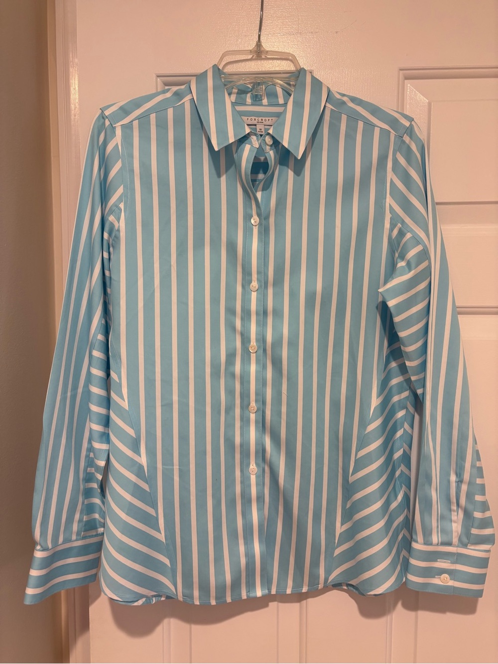 Foxcroft Aqua and White Vertical Stripe Dress Shirt